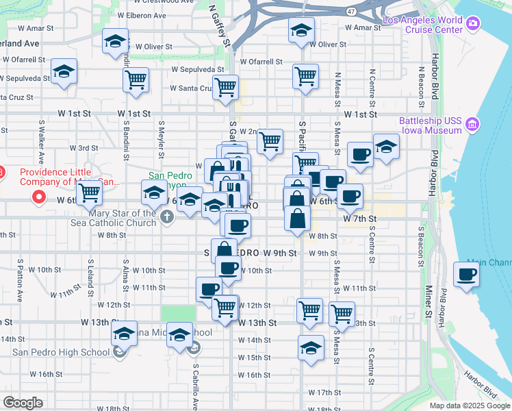 map of restaurants, bars, coffee shops, grocery stores, and more near 660 West 7th Street in Los Angeles