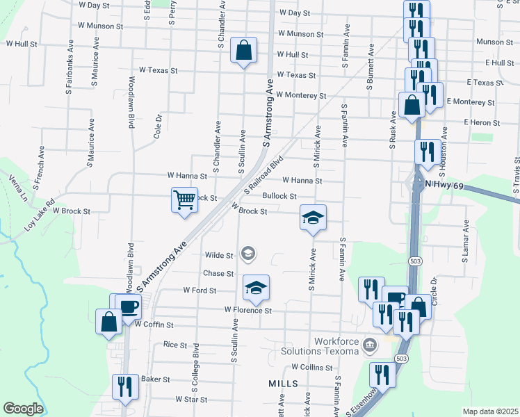 map of restaurants, bars, coffee shops, grocery stores, and more near 1901 South Mirick Avenue in Denison