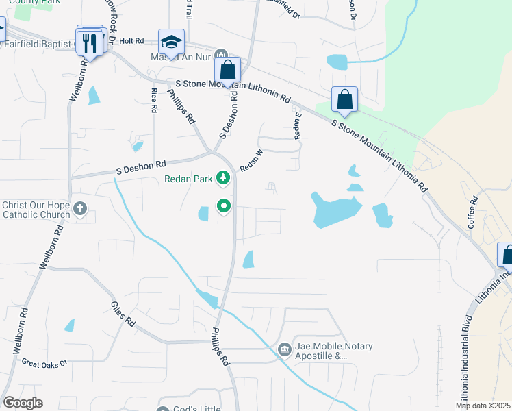 map of restaurants, bars, coffee shops, grocery stores, and more near 6330 Scudders Drive in Lithonia