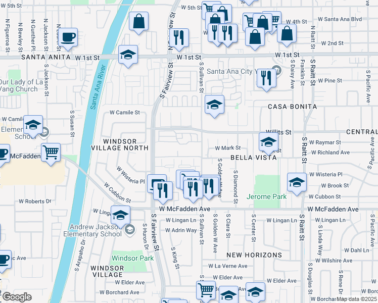 map of restaurants, bars, coffee shops, grocery stores, and more near 624 South Sullivan Street in Santa Ana