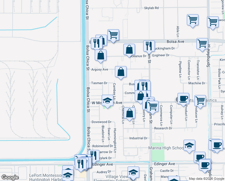 map of restaurants, bars, coffee shops, grocery stores, and more near 15381 Cambay Lane in Huntington Beach