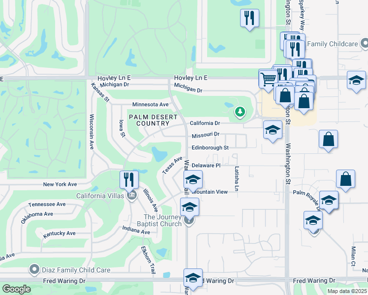 map of restaurants, bars, coffee shops, grocery stores, and more near 42785 Warner Trail in Palm Desert