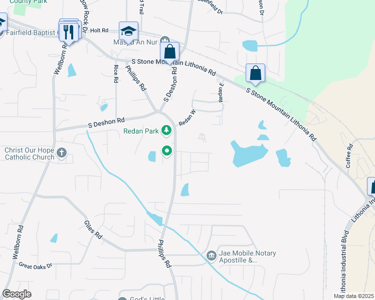 map of restaurants, bars, coffee shops, grocery stores, and more near 6322 Scudders Drive in Lithonia