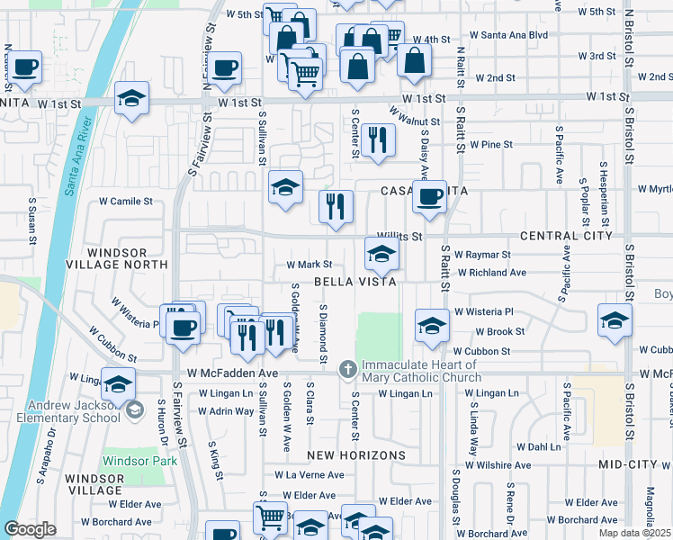 map of restaurants, bars, coffee shops, grocery stores, and more near 2214 Mark Street in Santa Ana
