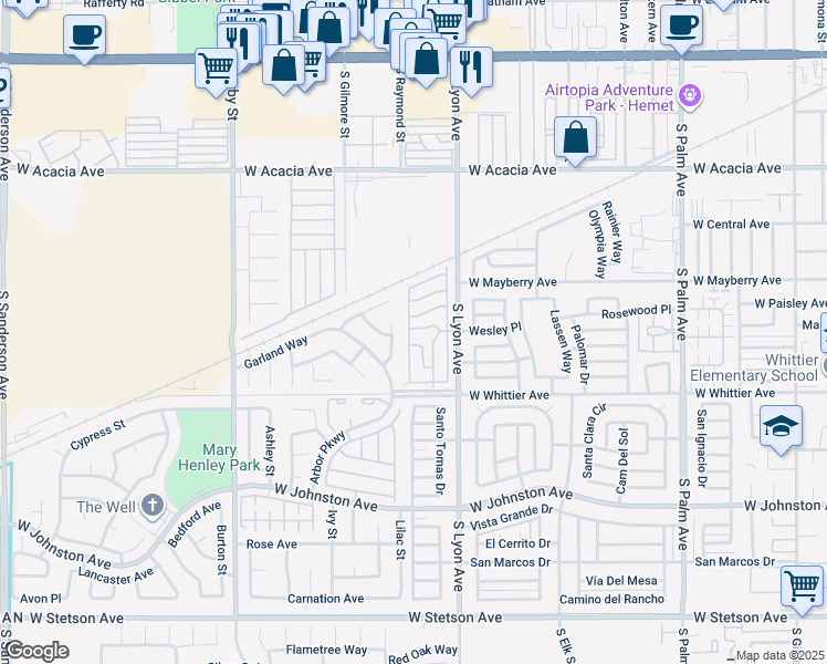 map of restaurants, bars, coffee shops, grocery stores, and more near 575 South Lyon Avenue in Hemet