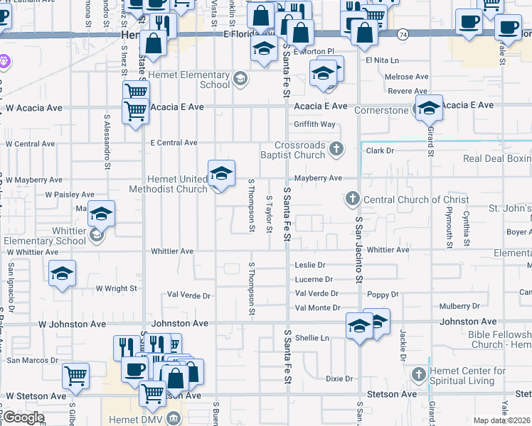 map of restaurants, bars, coffee shops, grocery stores, and more near 595 South Taylor Street in Hemet