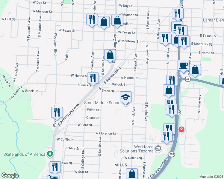 map of restaurants, bars, coffee shops, grocery stores, and more near 1901 South Mirick Avenue in Denison