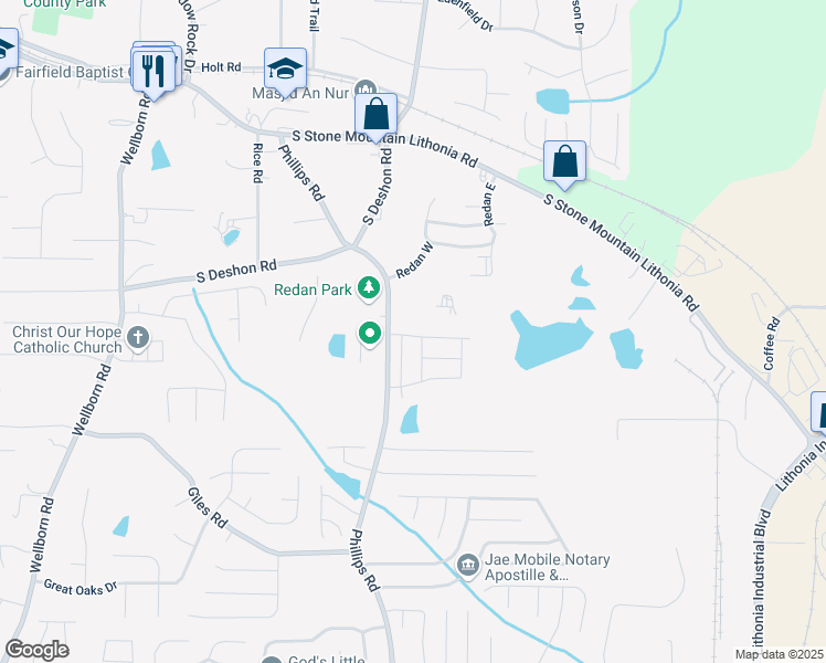 map of restaurants, bars, coffee shops, grocery stores, and more near 6318 Scudders Drive in Lithonia
