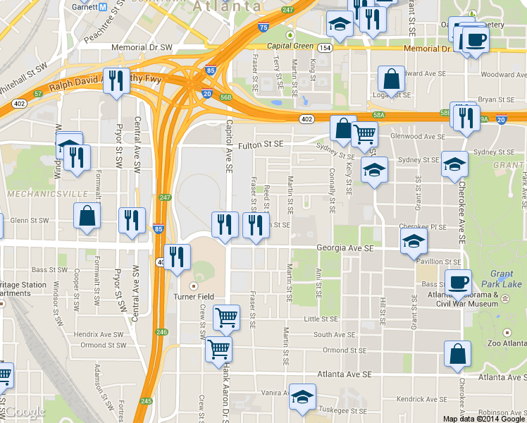 map of restaurants, bars, coffee shops, grocery stores, and more near 577 Reed Street Southeast in Atlanta