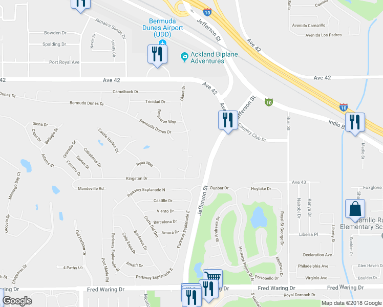 map of restaurants, bars, coffee shops, grocery stores, and more near 42720 Glass Drive in Indio