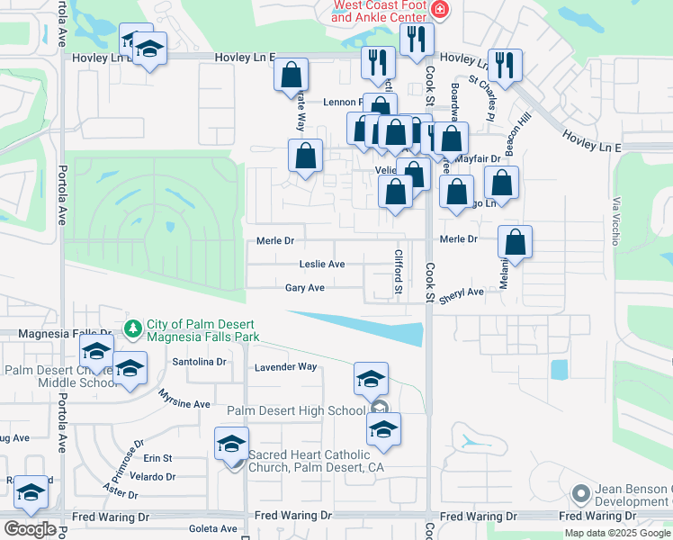 map of restaurants, bars, coffee shops, grocery stores, and more near 74761 Leslie Avenue in Palm Desert