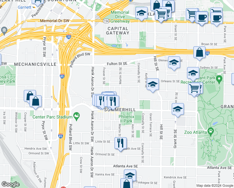 map of restaurants, bars, coffee shops, grocery stores, and more near 590 Terry Street Southeast in Atlanta