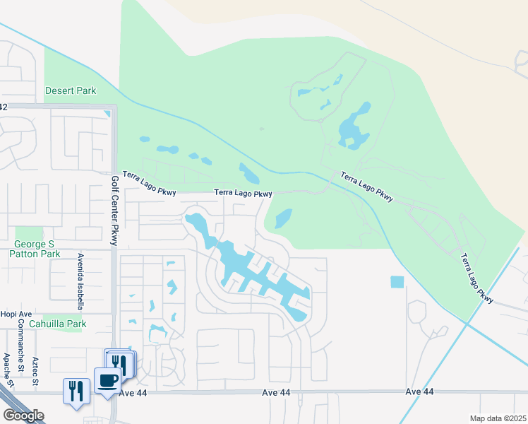 map of restaurants, bars, coffee shops, grocery stores, and more near 42730 Del Lago Court in Indio