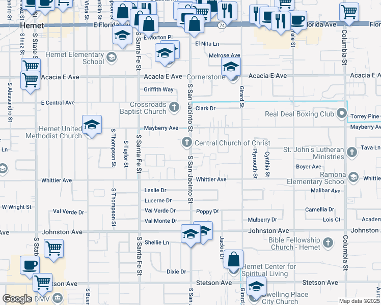 map of restaurants, bars, coffee shops, grocery stores, and more near 26376 San Jacinto Street in Hemet