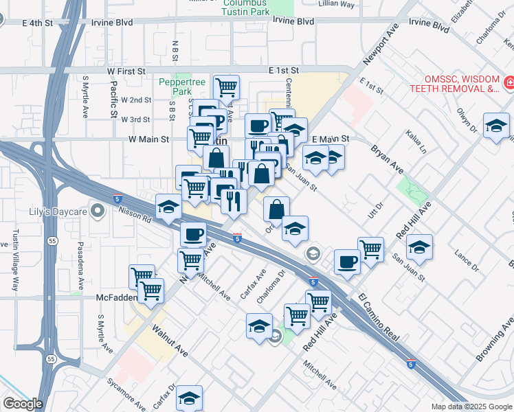 map of restaurants, bars, coffee shops, grocery stores, and more near 1074 Bonita Street in Tustin