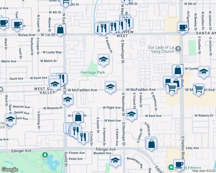 map of restaurants, bars, coffee shops, grocery stores, and more near 4701 West McFadden Avenue in Santa Ana