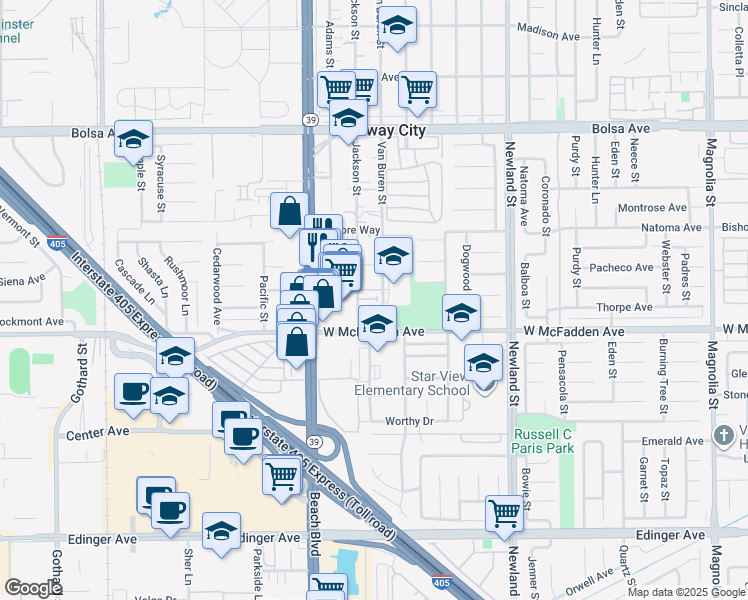 map of restaurants, bars, coffee shops, grocery stores, and more near 15432 Jackson Street in Midway City