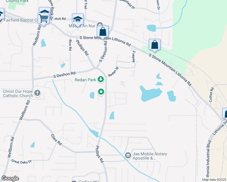 map of restaurants, bars, coffee shops, grocery stores, and more near 6322 Scudders Drive in Lithonia