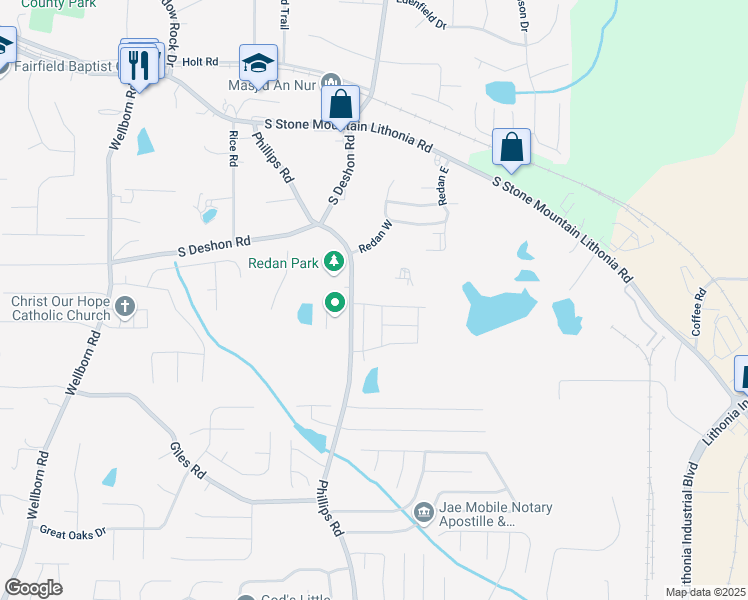 map of restaurants, bars, coffee shops, grocery stores, and more near 6318 Scudders Drive in Lithonia