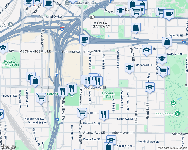 map of restaurants, bars, coffee shops, grocery stores, and more near 577 Reed Street Southeast in Atlanta