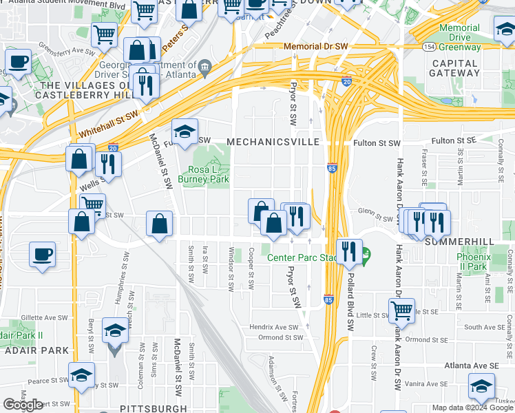 map of restaurants, bars, coffee shops, grocery stores, and more near 268 Glenn Street Southwest in Atlanta
