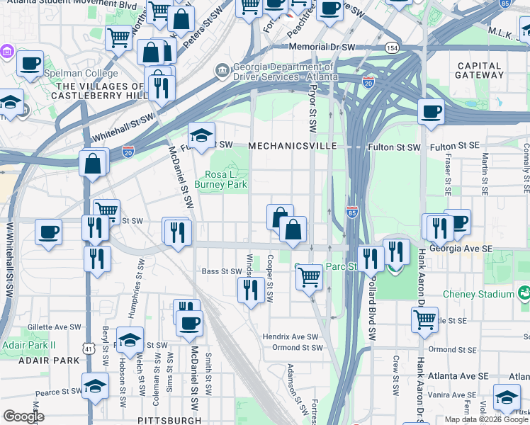 map of restaurants, bars, coffee shops, grocery stores, and more near 599 Cooper Street Southwest in Atlanta
