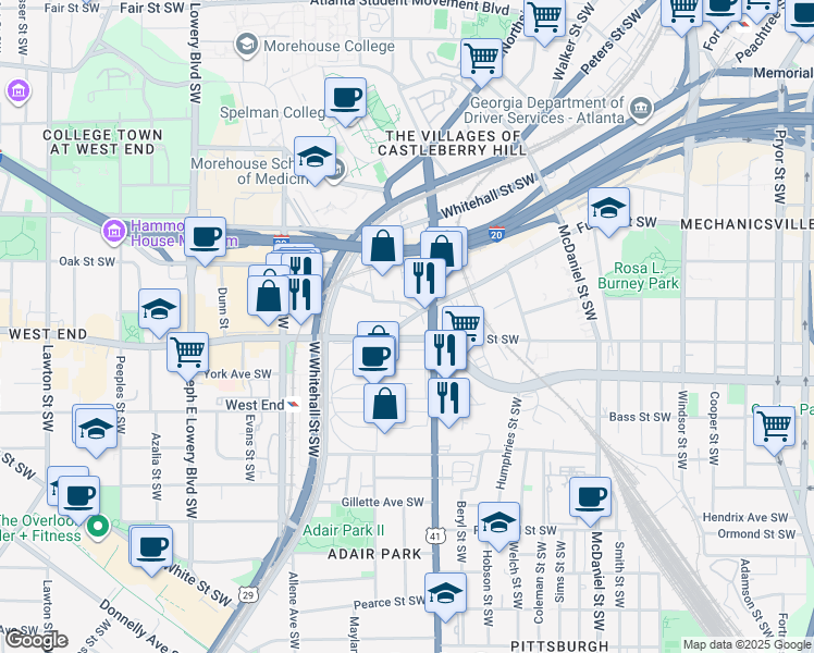 map of restaurants, bars, coffee shops, grocery stores, and more near 675 Metropolitan Parkway Southwest in Atlanta
