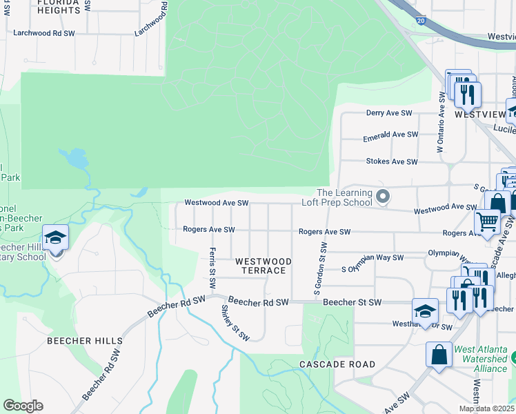 map of restaurants, bars, coffee shops, grocery stores, and more near 1934 Westwood Avenue Southwest in Atlanta