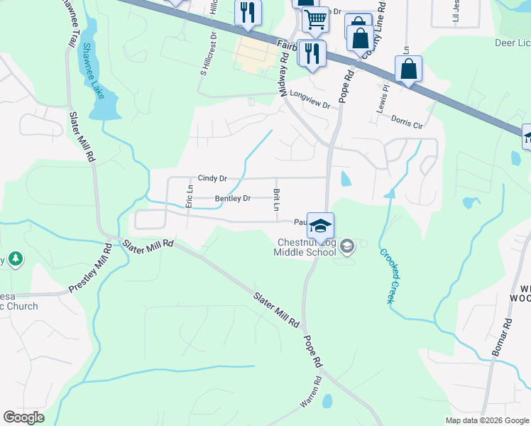 map of restaurants, bars, coffee shops, grocery stores, and more near 3810 Paul Street in Douglasville