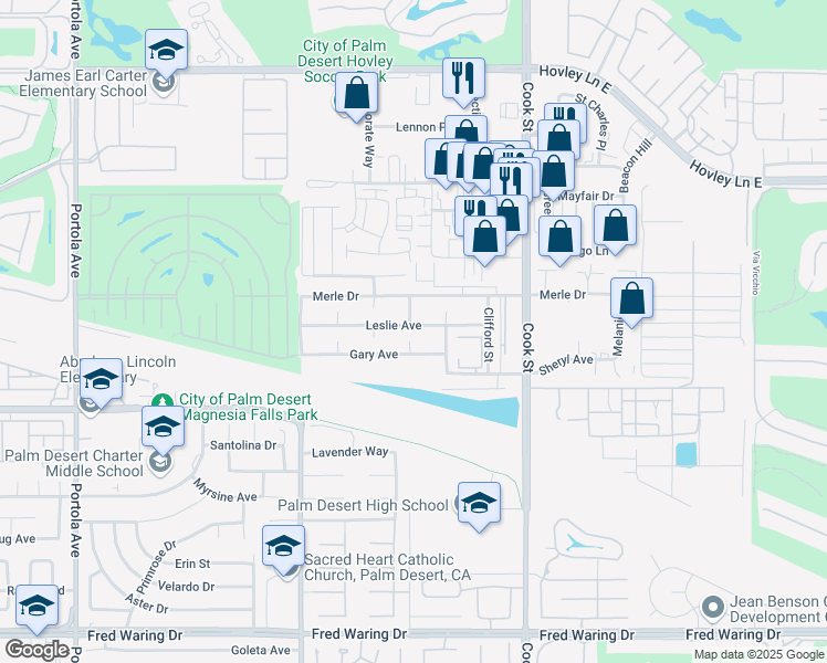 map of restaurants, bars, coffee shops, grocery stores, and more near 74761 Leslie Avenue in Palm Desert