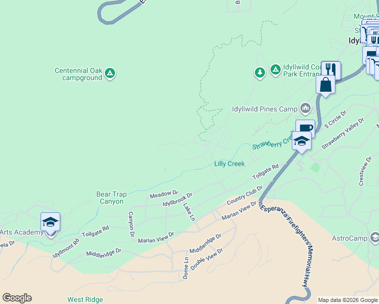 map of restaurants, bars, coffee shops, grocery stores, and more near 53400 4 Chimneys Road in Idyllwild-Pine Cove