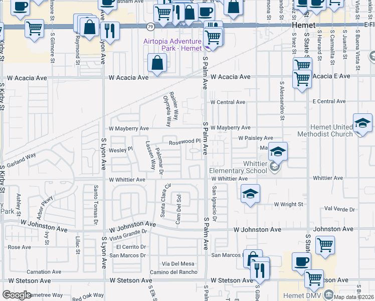 map of restaurants, bars, coffee shops, grocery stores, and more near 611 South Palm Avenue in Hemet