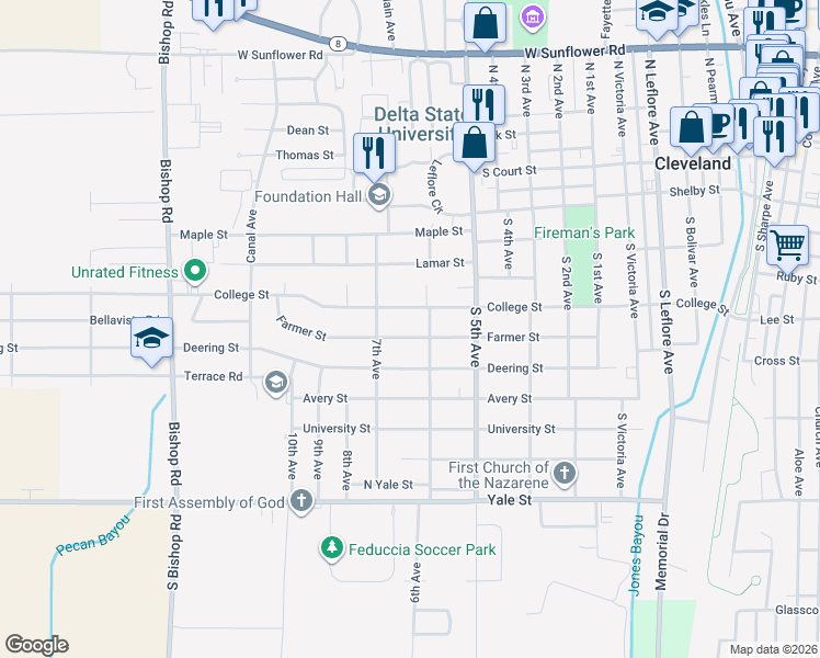 map of restaurants, bars, coffee shops, grocery stores, and more near 1101-1199 Farmer Street in Cleveland
