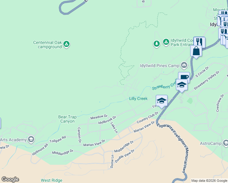 map of restaurants, bars, coffee shops, grocery stores, and more near 53400 4 Chimneys Road in Idyllwild-Pine Cove