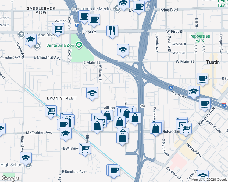 map of restaurants, bars, coffee shops, grocery stores, and more near 16586 Montego Way in Tustin