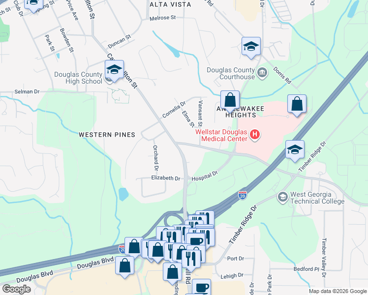 map of restaurants, bars, coffee shops, grocery stores, and more near 6318 Prestley Mill Road in Douglasville