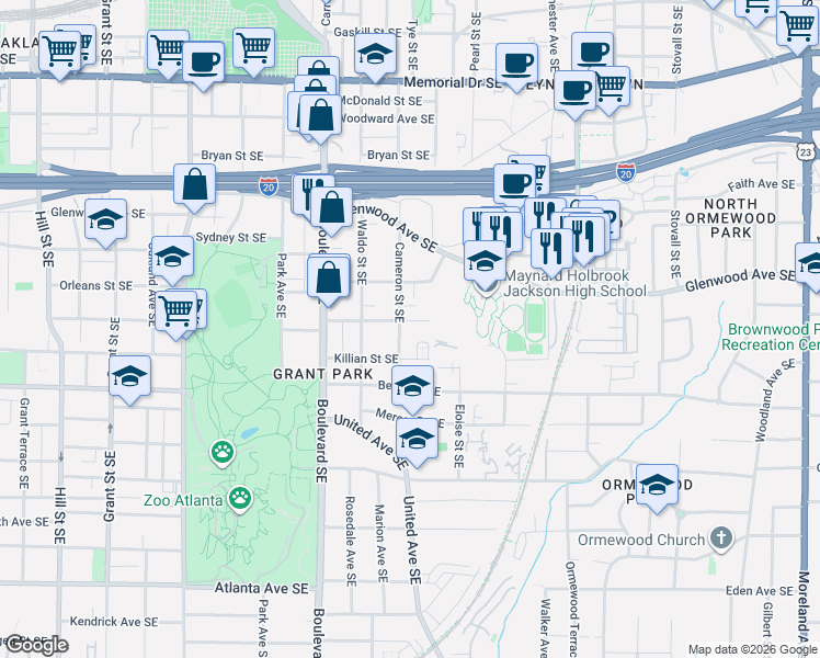 map of restaurants, bars, coffee shops, grocery stores, and more near 708 Killian Street Southeast in Atlanta