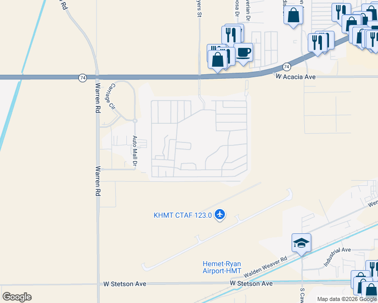 map of restaurants, bars, coffee shops, grocery stores, and more near Spyglass Road in Hemet