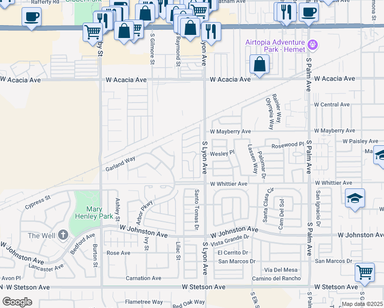 map of restaurants, bars, coffee shops, grocery stores, and more near 575 South Lyon Avenue in Hemet