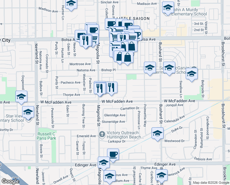 map of restaurants, bars, coffee shops, grocery stores, and more near 9132 Dickens Circle in Westminster