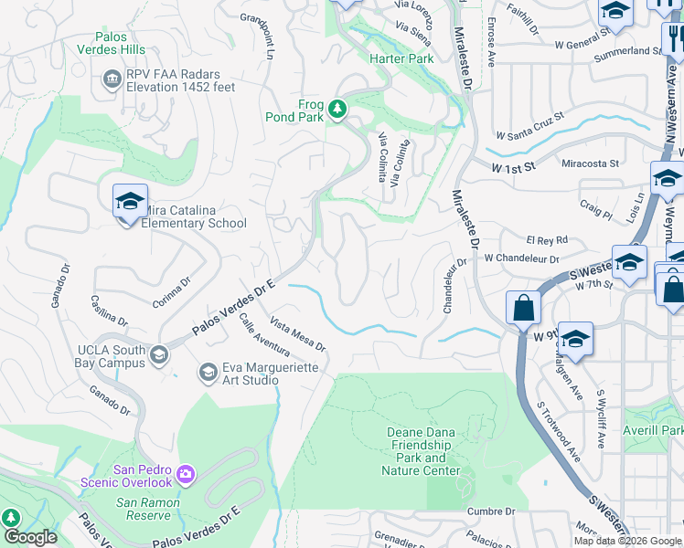 map of restaurants, bars, coffee shops, grocery stores, and more near 7 La Vista Verde Drive in Rancho Palos Verdes