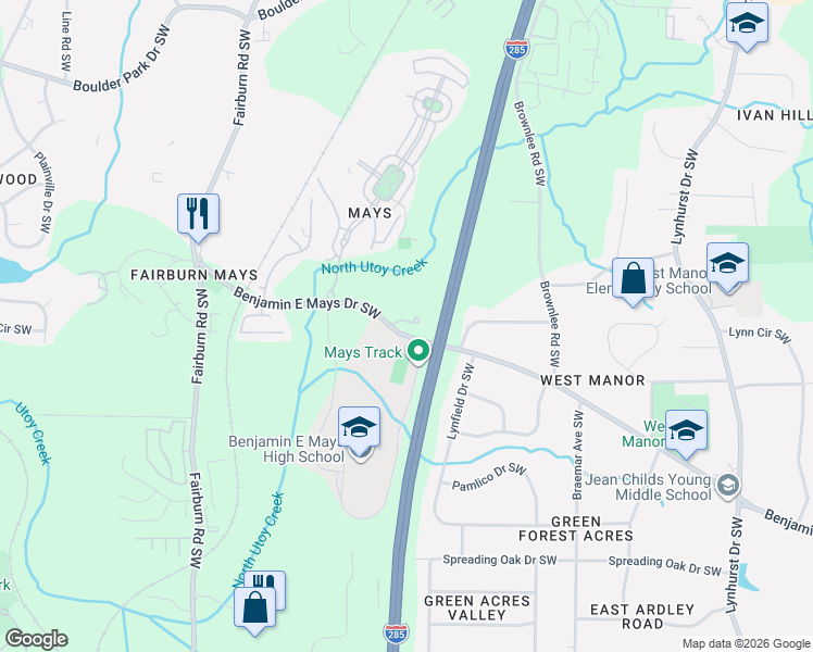 map of restaurants, bars, coffee shops, grocery stores, and more near 3458-3498 Benjamin E Mays Drive Southwest in Atlanta