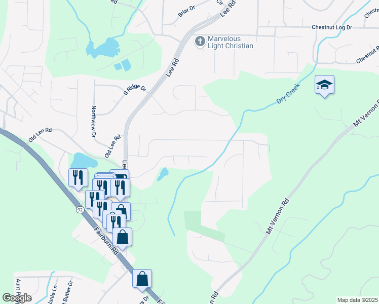 map of restaurants, bars, coffee shops, grocery stores, and more near 2595 Forrester Court in Lithia Springs