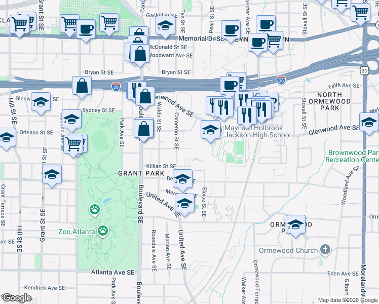 map of restaurants, bars, coffee shops, grocery stores, and more near 715 Rosalia Street Southeast in Atlanta