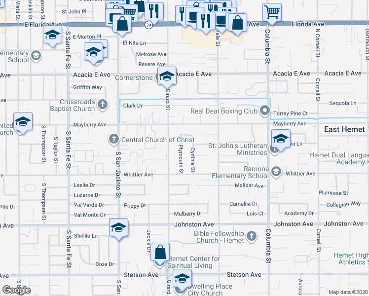 map of restaurants, bars, coffee shops, grocery stores, and more near 26364 Plymouth Street in Hemet