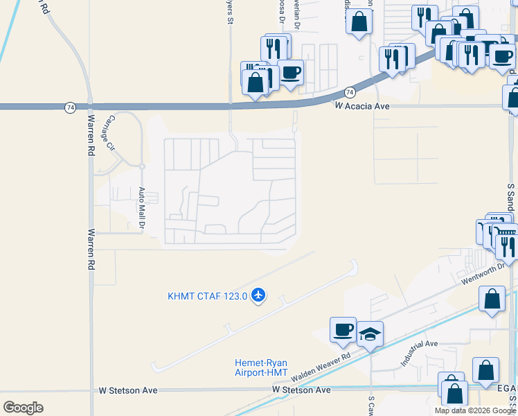 map of restaurants, bars, coffee shops, grocery stores, and more near 5001 West Florida Avenue in Hemet