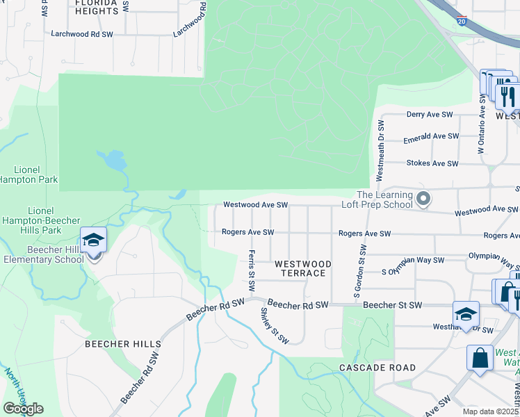 map of restaurants, bars, coffee shops, grocery stores, and more near 2004 Westwood Avenue Southwest in Atlanta
