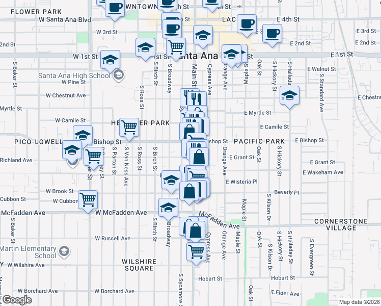 map of restaurants, bars, coffee shops, grocery stores, and more near 724 South Main Street in Santa Ana