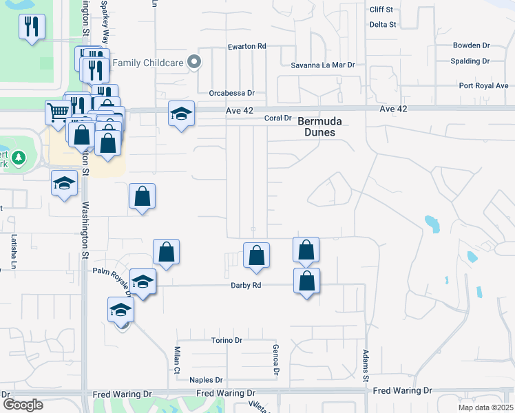 map of restaurants, bars, coffee shops, grocery stores, and more near 42791 Sandy Bay Road in Bermuda Dunes