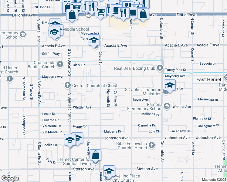 map of restaurants, bars, coffee shops, grocery stores, and more near 26371 Cynthia Street in Hemet